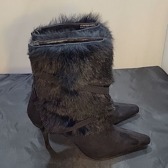 WILD DIVA BLACK FUR TRIM MID-CALF POINTED TOE BACK ZIPPER CLOSURE BOOT S2 - Picture 7 of 14